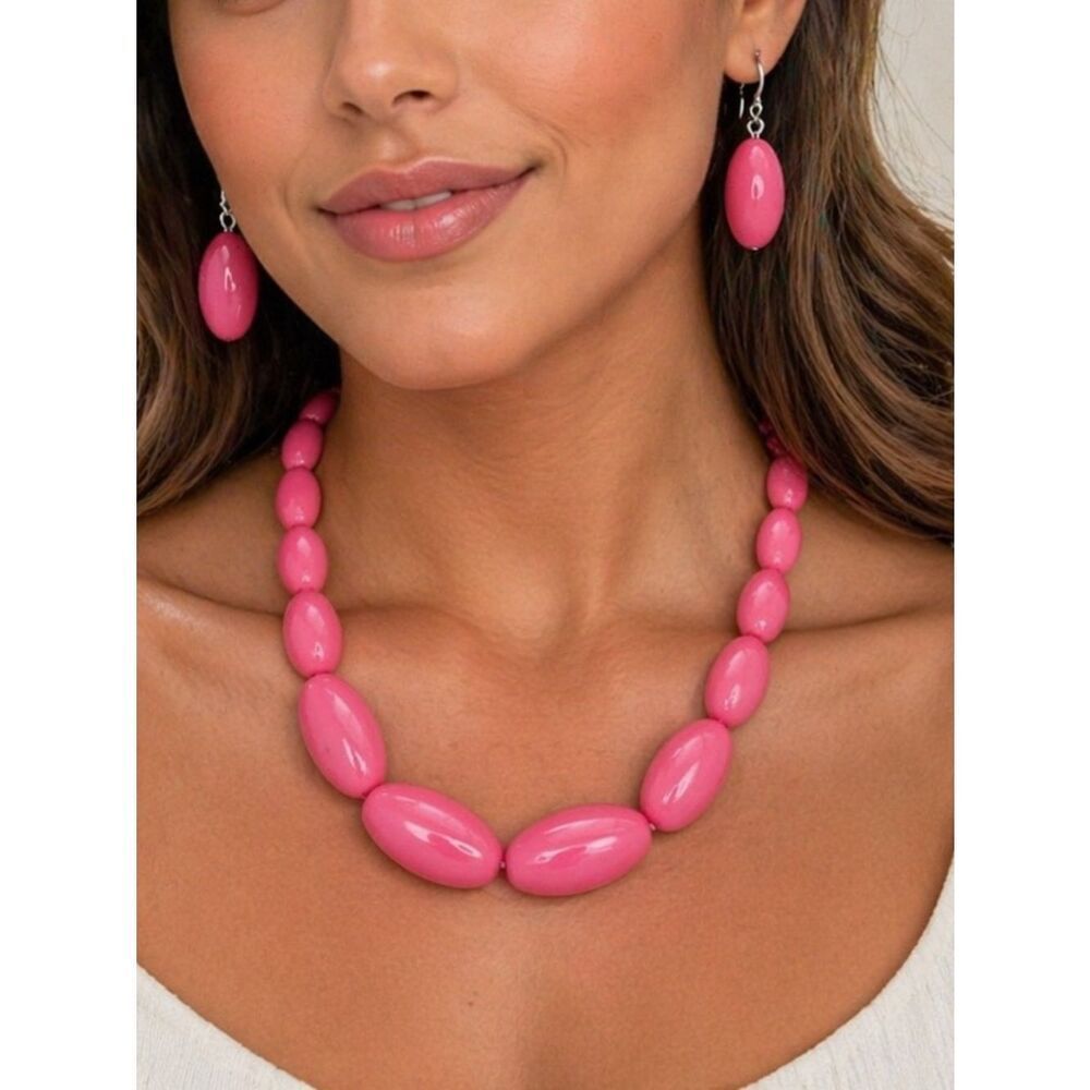 2/$20 Pink Necklace Earring Statement Oval Oblong Stone Set
